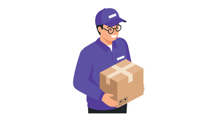 Smiling delivery person holding a box in isometric style on white background