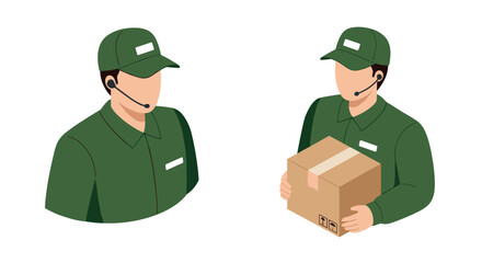 Delivery service team in uniform with headset and package