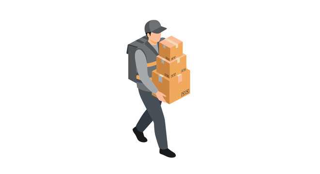 Isometric delivery worker carrying cardboard boxes on white background