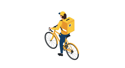 Food delivery cyclist in yellow uniform riding bike isometric view