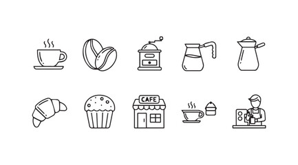 Hand drawn coffee shop icons set delicious cafe treats and beverages for a cozy morning vector