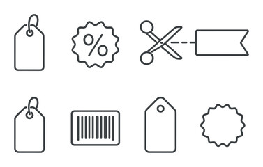Monochrome icons: price tags, scissors, discount, barcode, labels