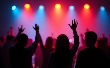 Silhouette of people raise hand up in music concert with red and blue color spotlight on stage background. High quality