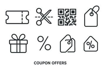 Discount and coupon icons: ticket, scissors, qr code, tags, gift, percentage