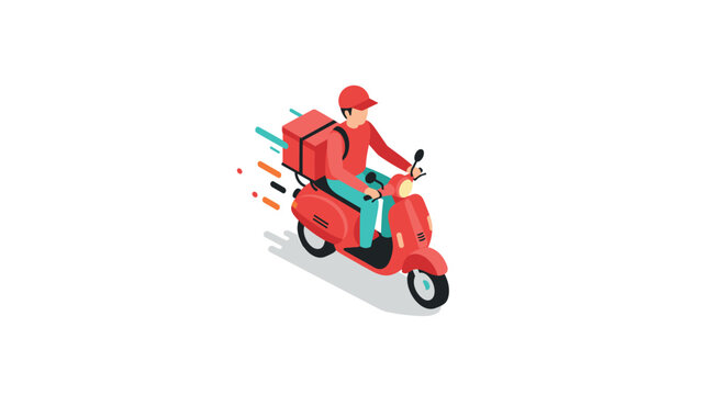 Isometric food delivery on red scooter with courier in motion