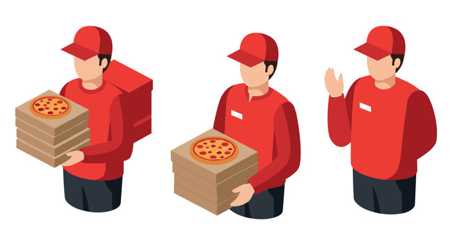 Isometric delivery workers carrying pizza boxes in red uniform