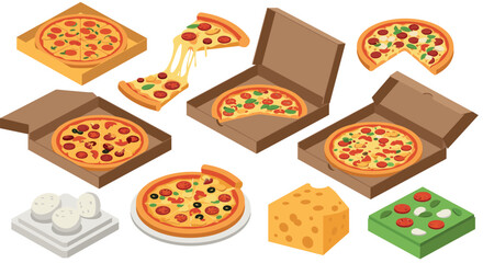 Delicious isometric pizza set with slices, boxes, and ingredients