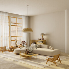 Wide angle minimalist living room interior with large window, cozy sofa and negative space for text, modern Japandi home aesthetic. 3D illustration
