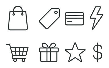 Shopping icons: bag, tag, card, lightning, cart, gift, star, dollar symbol in grey