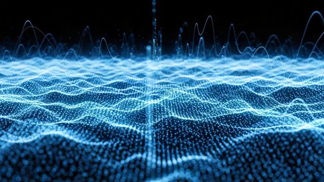 Blue glowing particle field forming an abstract digital wave pattern representing big data artificial intelligence and modern technology concepts ideal for futuristic backgrounds