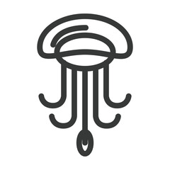 A stylized black illustration of a jellyfish featuring a caplike top with three curved lines and several dangling tendrils