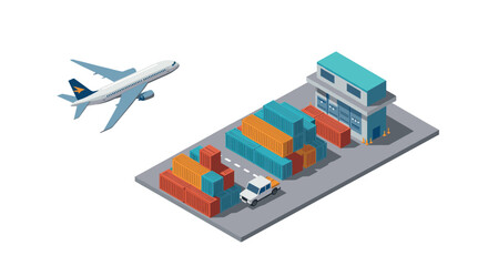 Fototapeta premium Isometric shipping and logistics scene with plane and containers