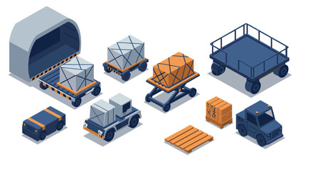 Isometric airport cargo handling equipment set with vehicles and loading platforms