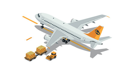 Isometric airplane illustration with cargo loading on tarmac