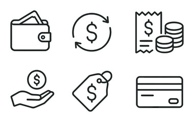 Monochrome financial icons displaying wallet, coins, credit card, and price tag
