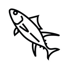 A stylized black line drawing depicts a fish The fish has fins an eye and a tail