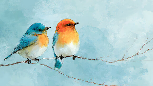 Pair of watercolor songbirds perched on thin branch border, sky-blue background, gentle brush texture, calm and beautiful design.