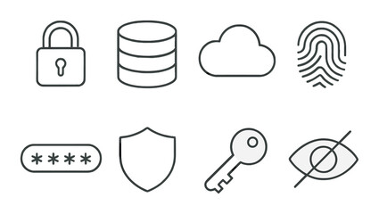 Cybersecurity symbols: lock, cloud, fingerprint, password, shield, key, privacy