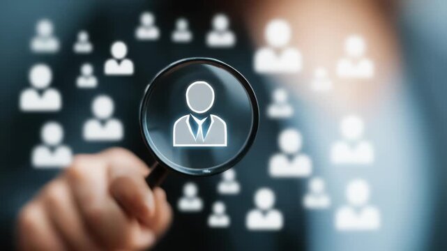 HRM or Human Resource Management, Magnifier glass focus to manager icon which is among staff icons for human development recruitment leadership and customer target. resume, interview. generate by AI