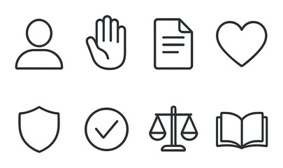 Icons of privacy, communication, and ethics on grayscale background