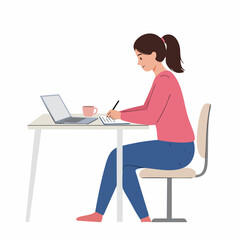 Flat Illustration Girl Sitting at Desk Working on Laptop with Coffee