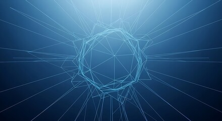 Abstract geometric digital art with a central glowing blue sphere and radiating lines.