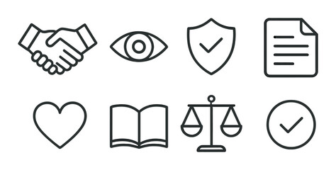 Set of business and legal icons on dark background