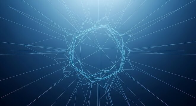 Abstract geometric digital art with a central glowing blue sphere and radiating lines.
