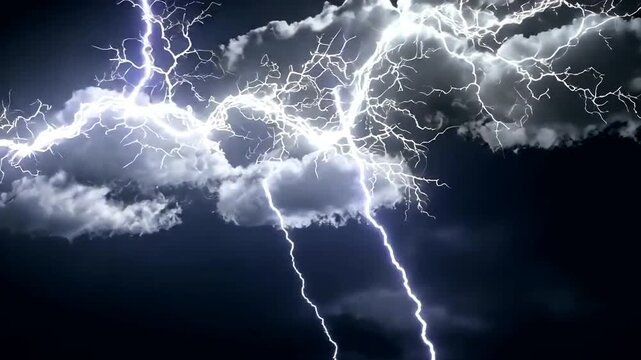 Dramatic white lightning bolts flash across dark, rumbling storm clouds at night