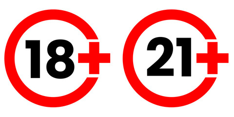 Two circular age restriction icons with numbers 18 and 21, commonly used for adult content classification, movie ratings, or access control