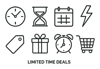 Limited time deals icons: clock, calendar, hourglass, lightning, sale, gift, alarm, cart