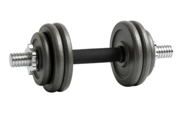 A close-up shot of a dumbbell lying on a surface, highlighting its components and design.