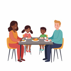 Flat Illustration Diverse Family Having Meal Together at Dining Table
