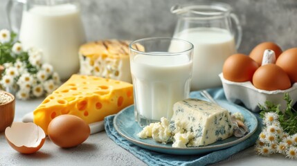 Fresh Dairy Products with Eggs and Cheese on a Rustic Table