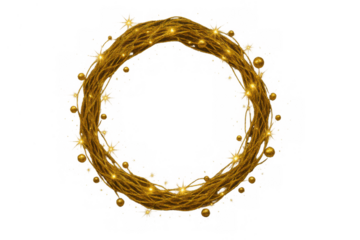 Golden rope wreath with glowing christmas string lights and abstract festive glitter beads on transparent background