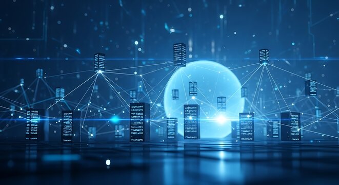 Abstract digital network visualization with glowing nodes and connecting lines, representing data flow and global connectivity.