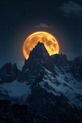 Dramatic full moon rising behind snow capped mountain peak at night