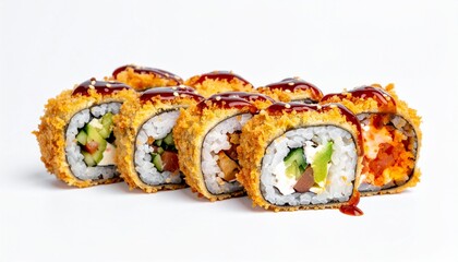 delicious tempura maki sushi rolls topped with sauce standing in line on white background 