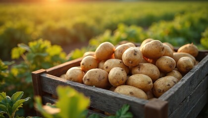 Freshly harvested potatoes in rustic wooden box on farm field. Bountiful autumn crop of organic root vegetables at sunset. Agriculture concept with local farming, healthy food, natural produce grown