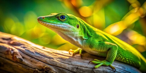 Fototapeta premium Bright Green Cuban Anole Lizard on Tropical Tree Branch - Stock Photo