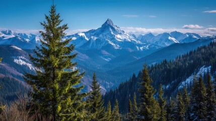 Fototapeta premium Majestic Mountain Landscape with Evergreen Trees and Clear Blue Sky