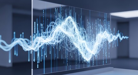 Abstract visualization of a complex sound wave or data stream with glowing blue lines and vertical bars against a blurred background.
