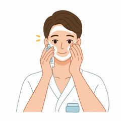 Flat Style Young Man Facial Cleansing with Foam Beauty Illustration