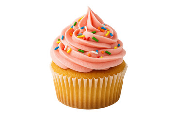 Delicious cupcake with pink frosting and colorful sprinkles