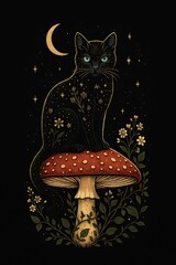 Mystical black cat sits on a red mushroom under a crescent moon