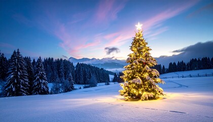Christmas Tree in Snowy Landscape at Sunset with Mountain View