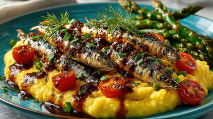 Barbados dish Cou-Cou and Flying Fish Cornmeal and okra mash with saucy seasoned flying fish