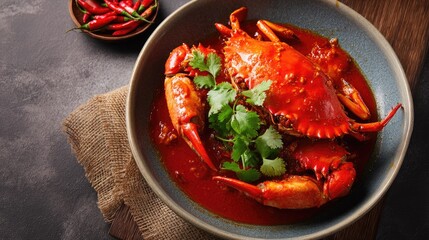 Singapore dish Chili Crab Crab in sweet-spicy sauce bright red with whole crab