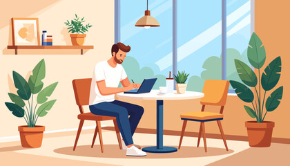Fototapeta premium A focused man working on his laptop in a bright, plant-filled space, illustrating the modern concept of work from anywhere and remote work