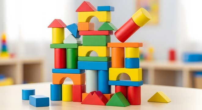 Colorful Wooden Building Blocks Toy Stacked Tower Construction Creative Play Learning Development Educational Game Child Development Kids Activity Early Childhood Fun